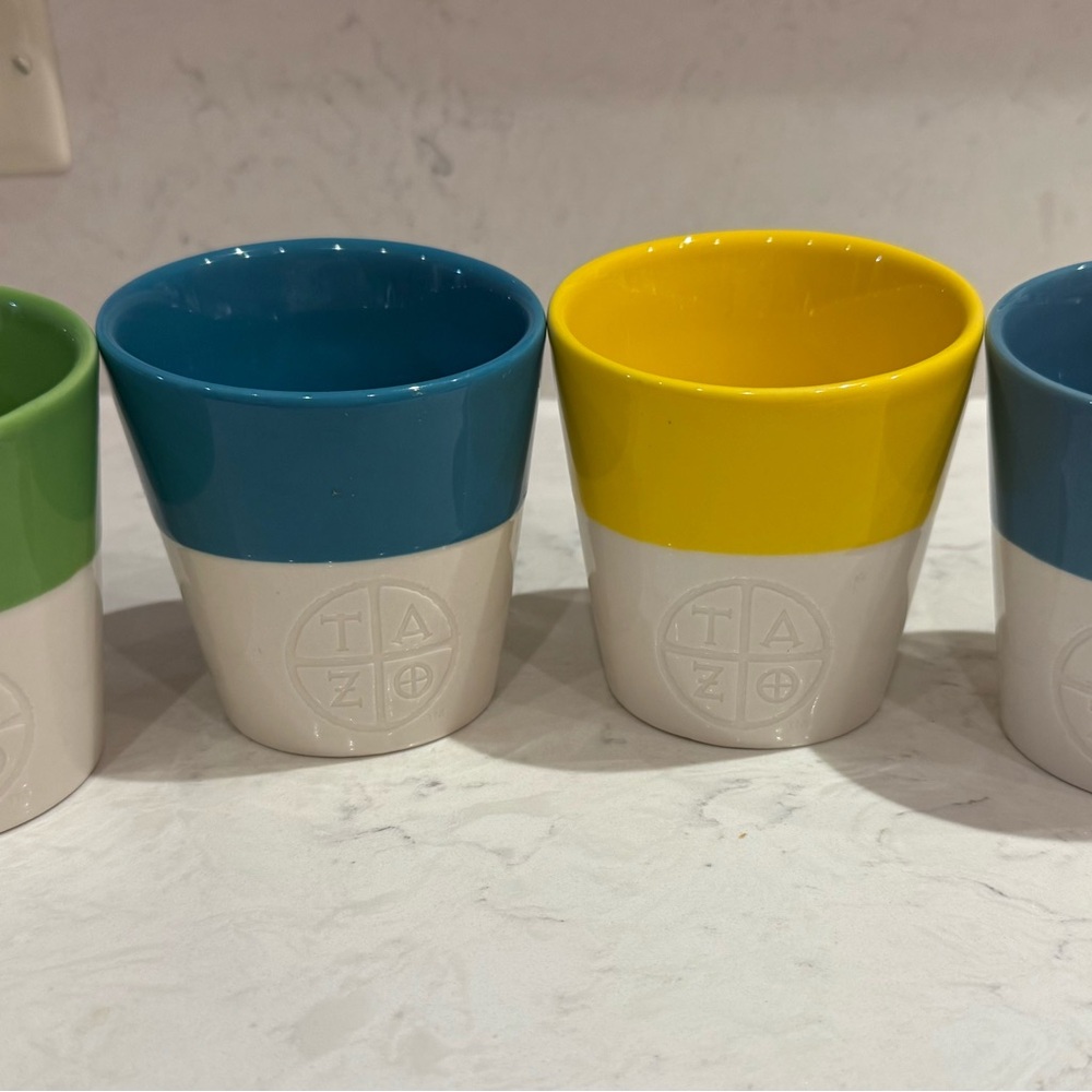 Starbucks Tazo Ceramic Cups in Green, Blue, Yellow, and White